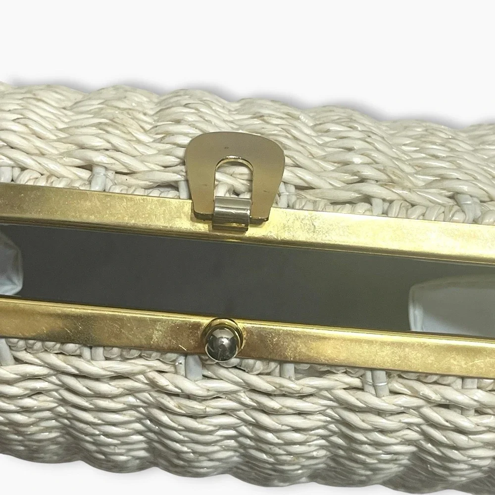 Vintage 60s Magid White Wicker Bag Purse Gold Chain Shoulder Strap